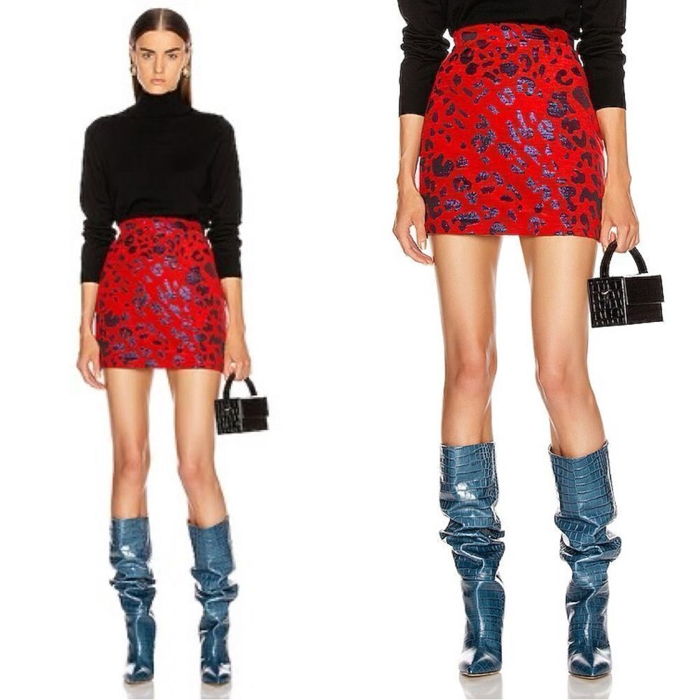 THE ANDAMANE $260 Bertha Mini Skirt in blue and red leopard